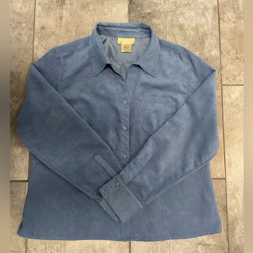 Women’s Faux Suede Dusty Blue Button-Up Shirt
